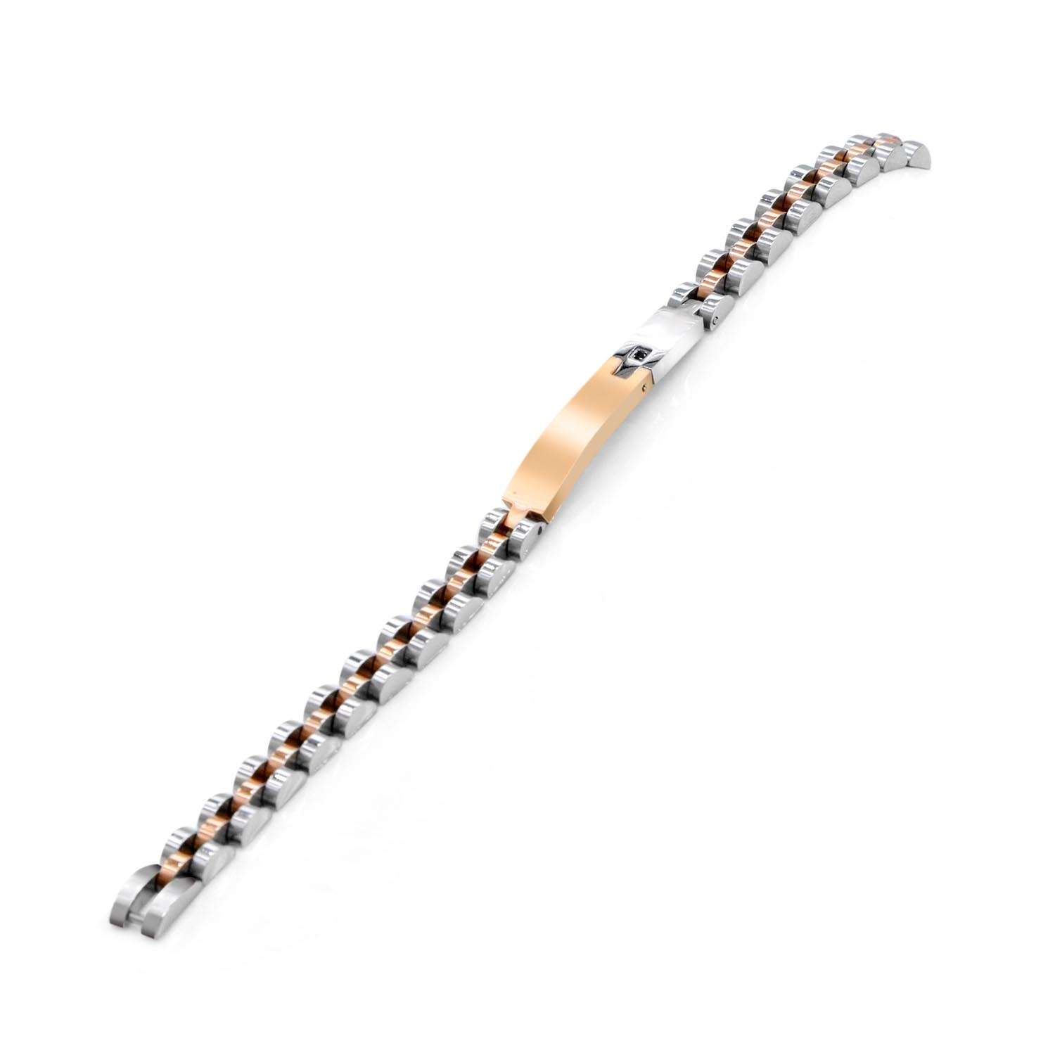 Silver & Rose Gold Fushion Bracelet With Black Crystal Set in Bar Plate